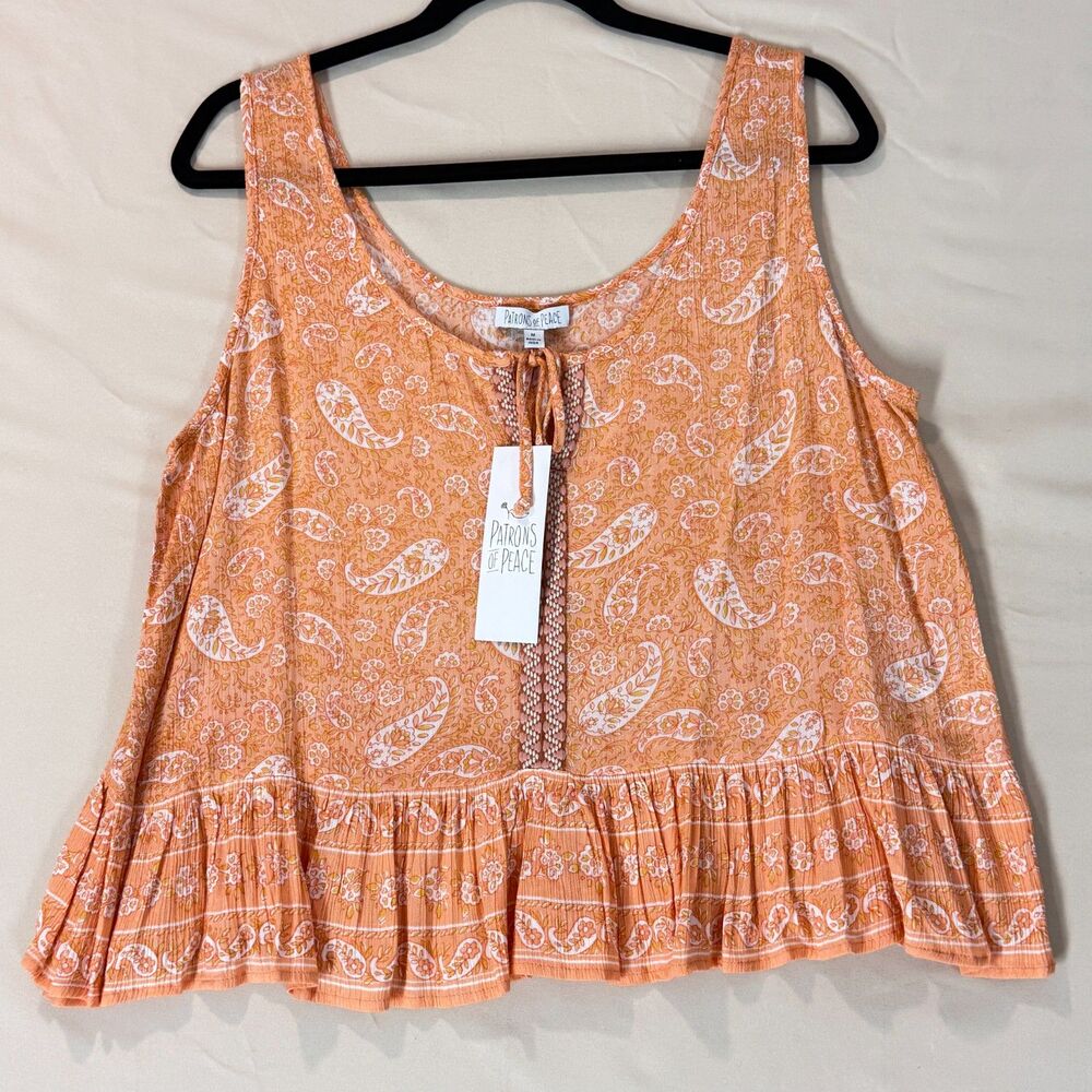 NWT Patrons of Peace Peachy Paisley Peplum Tank Top Sz M Boho Festival